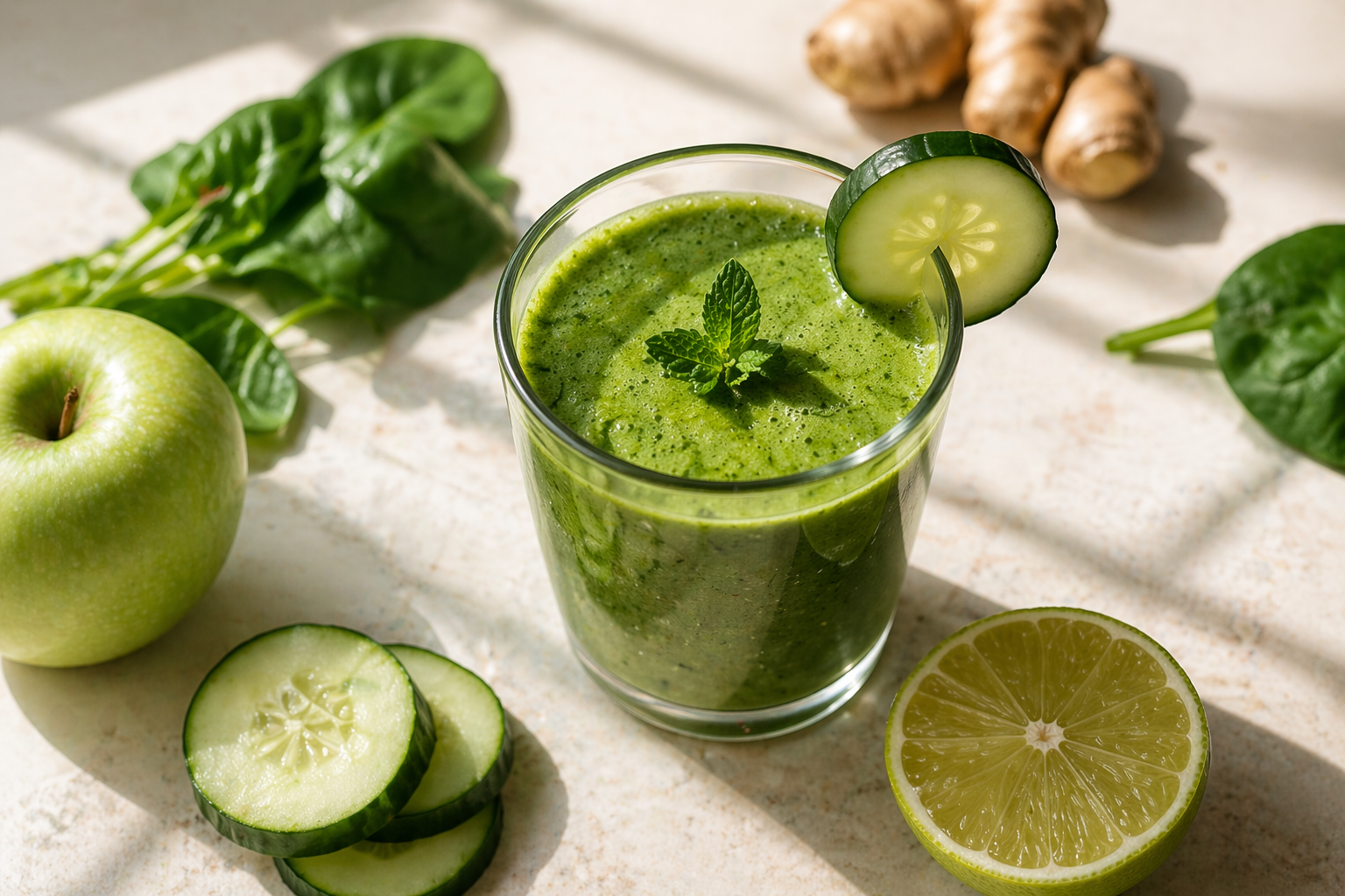 Smoothie verde con pepino, espinaca, manzana, lima y jengibre