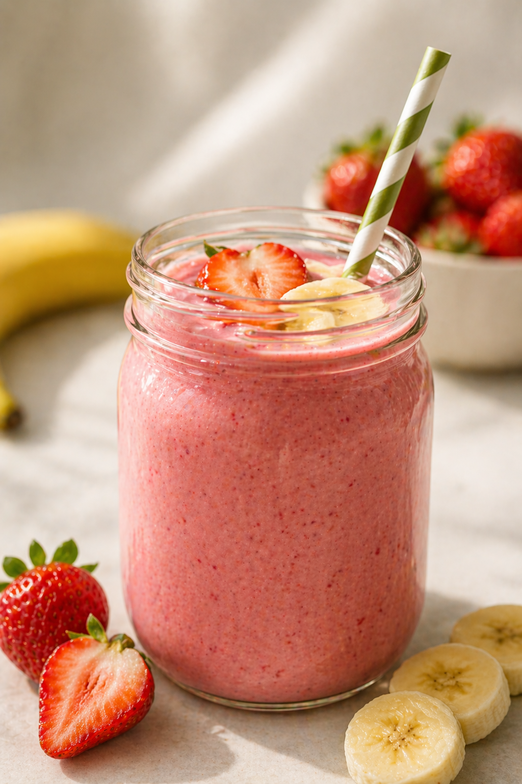 Smoothie rosa de fresa y plátano en un tarro de cristal