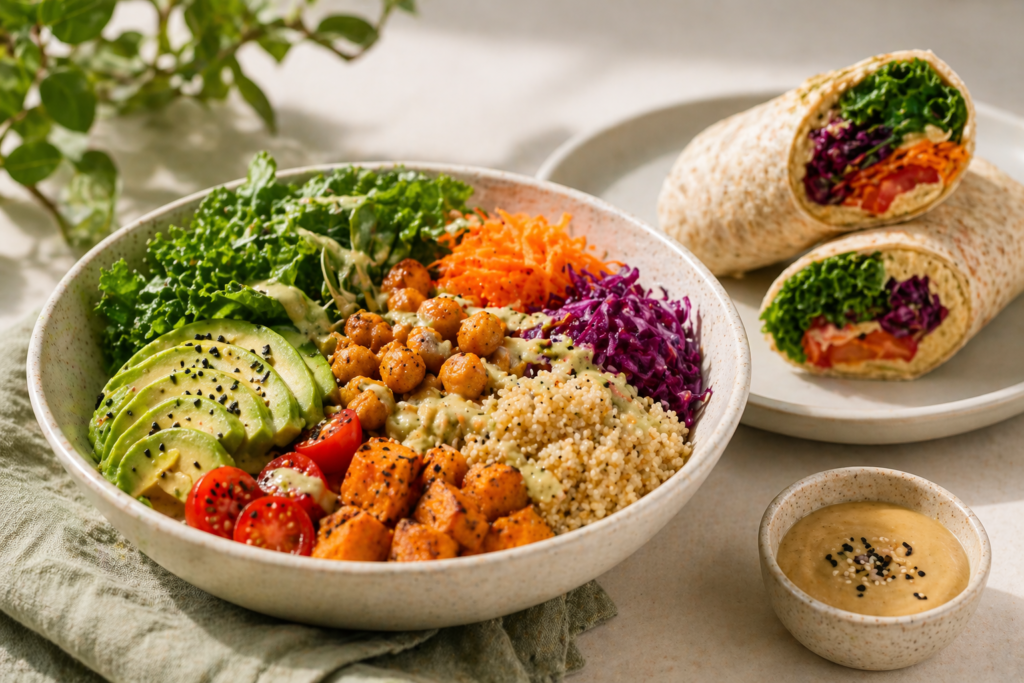 Un bol con aguacate, tomates cherry, col rizada, zanahorias ralladas, col lombarda, garbanzos asados, boniatos y quinoa. Al lado hay dos wraps vegetarianos y un platito de salsa.