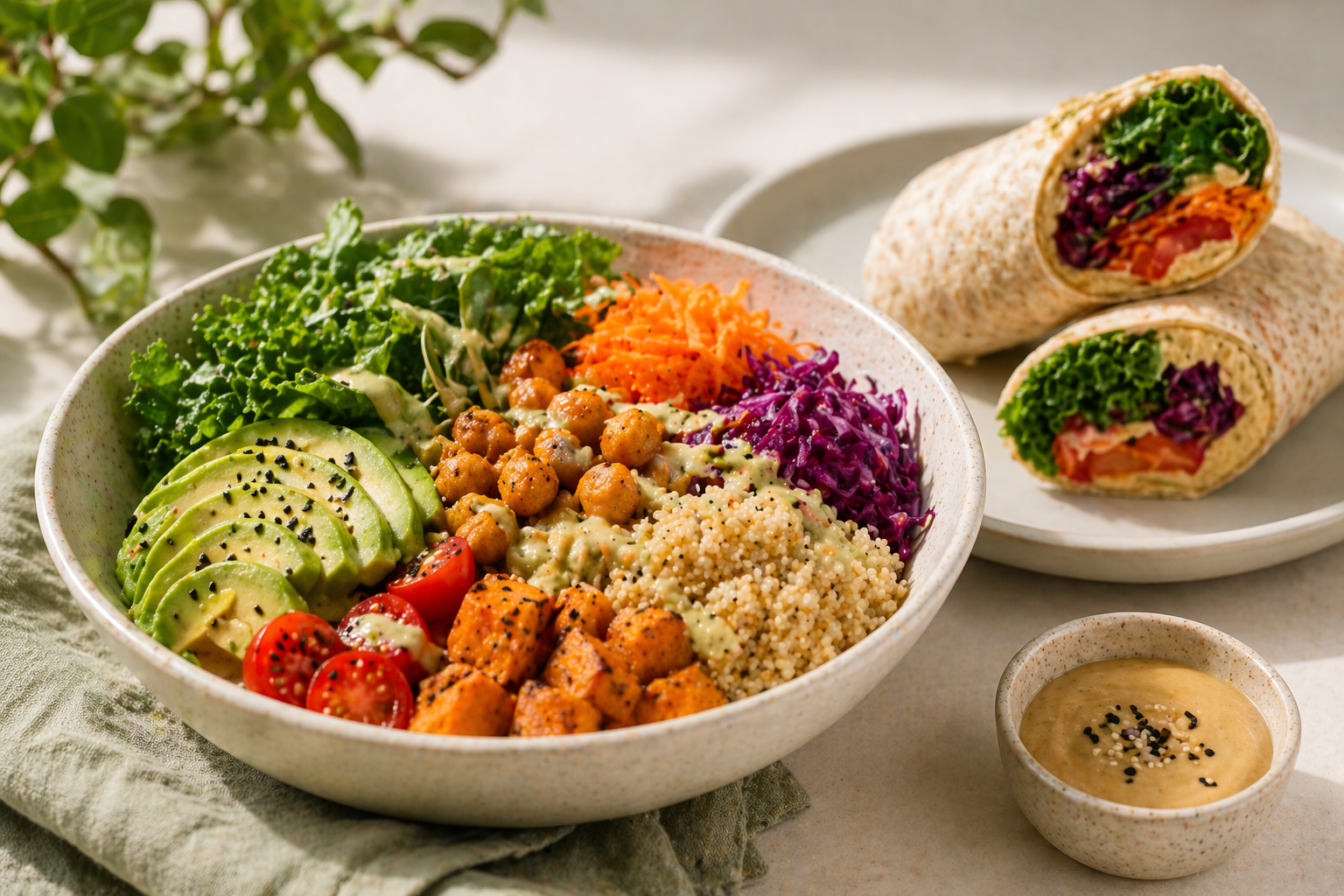 Bowl vegano con aguacate, quinoa, garbanzos y verduras de colores junto a wraps