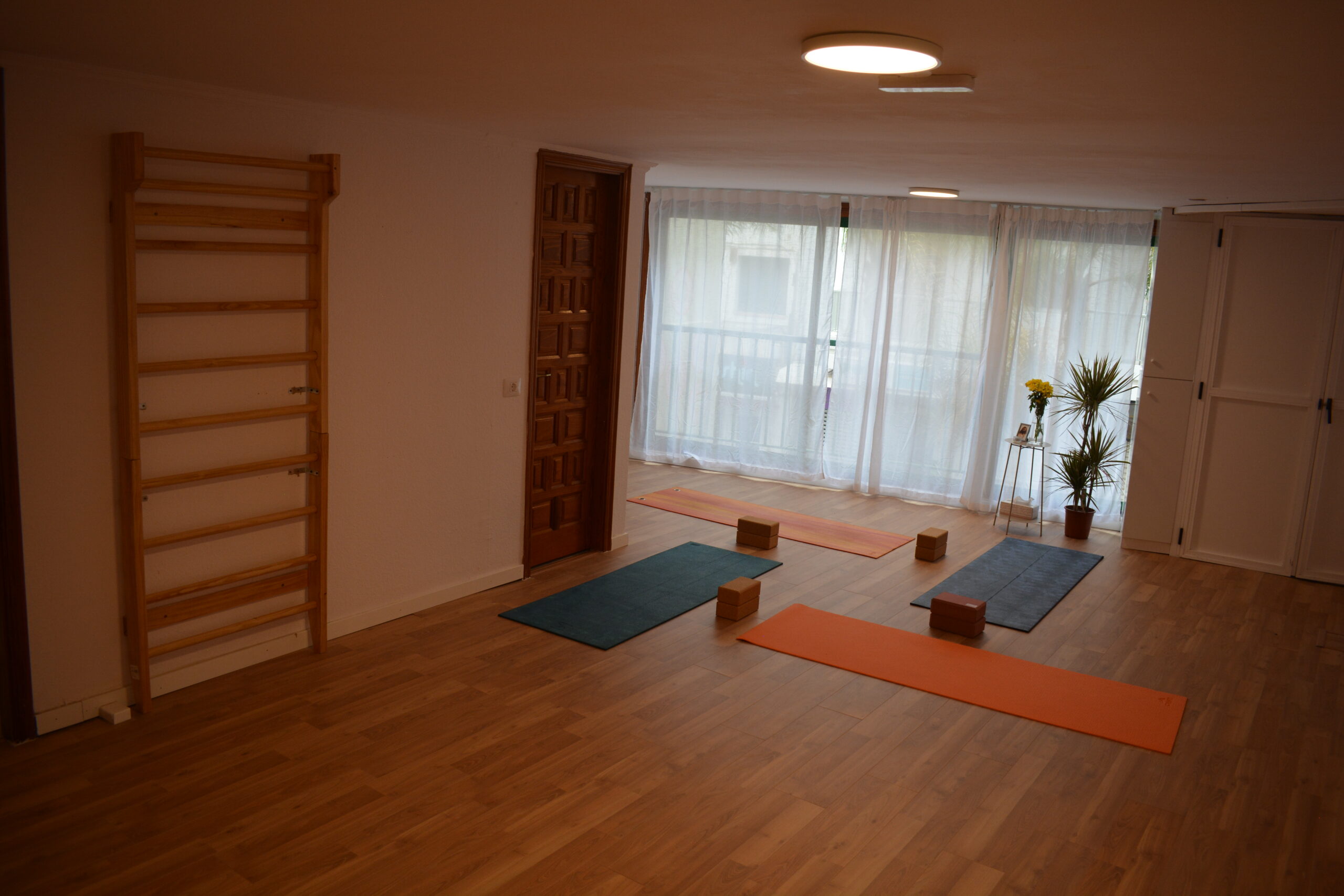 Sala de práctica con esterillas, bloques, espaldera de madera, ventana y plantas