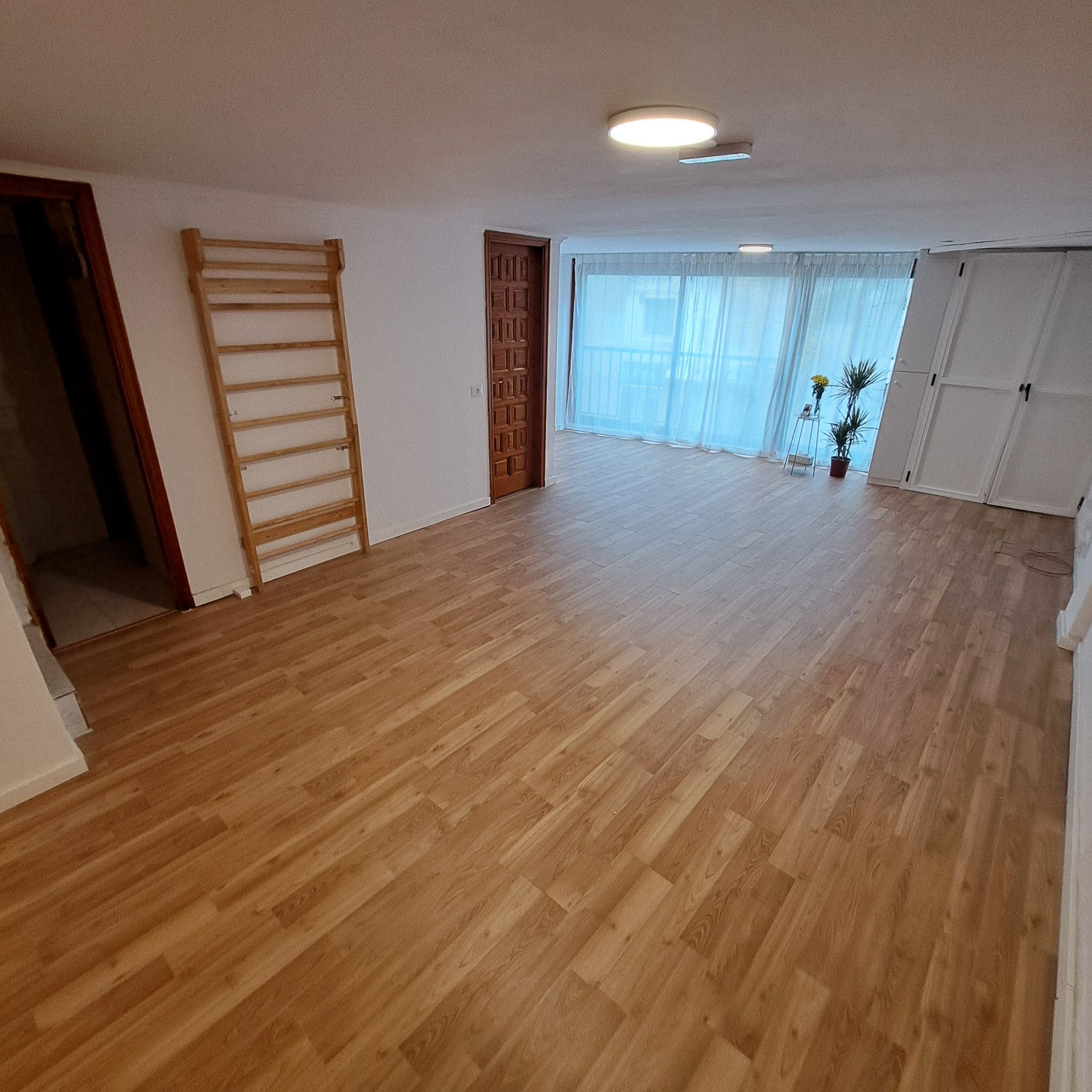 Sala con suelo de madera, ventanas, plantas, espaldera y armarios blancos.