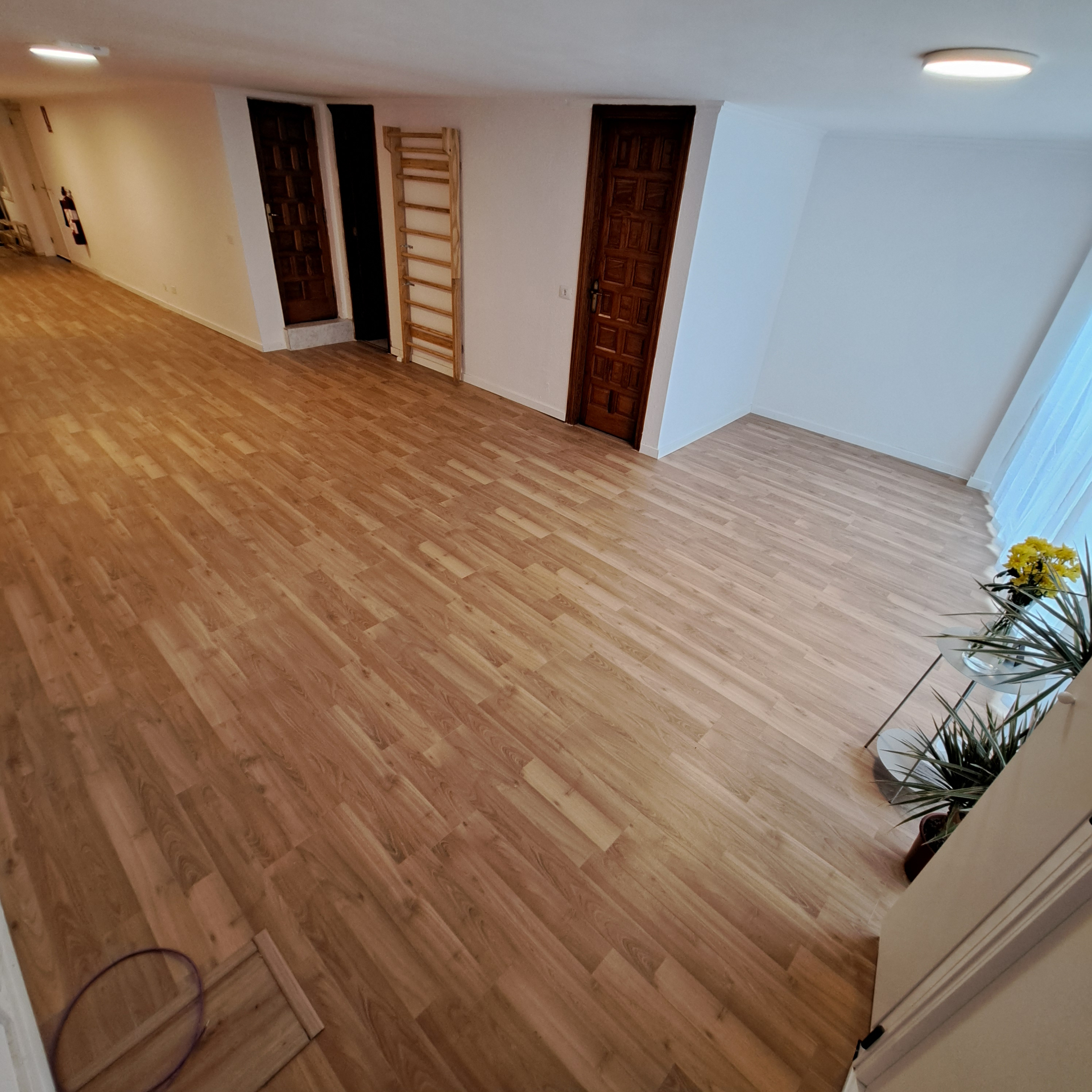 Sala amplia con puertas de madera, espaldera, plantas y flores.