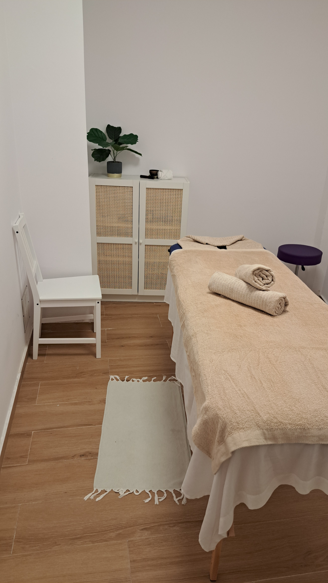 Sala de masaje con camilla, mueble de ratan y planta.
