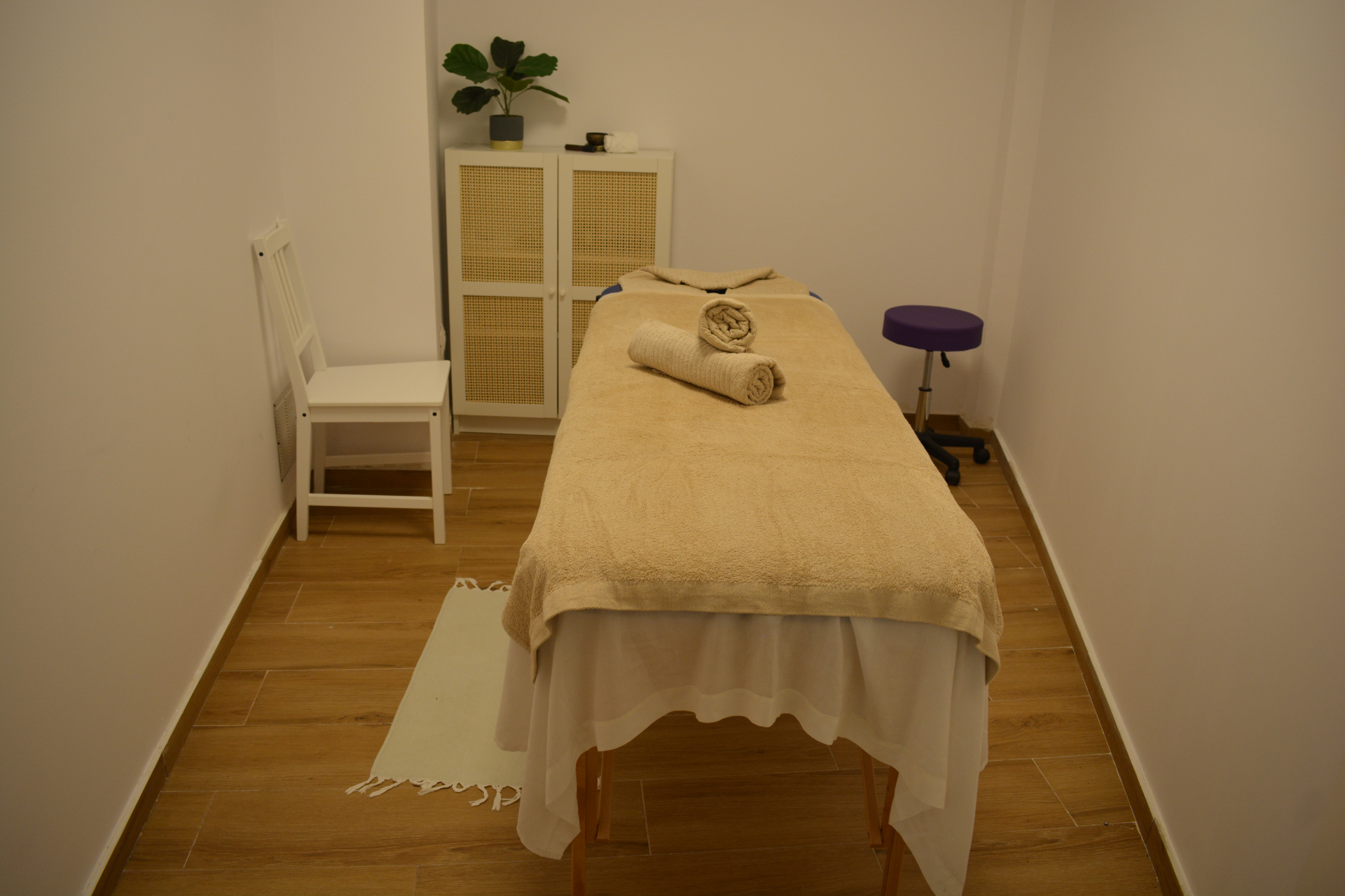 Gabinete de terapia con camilla, planta, silla y pequeno mueble.