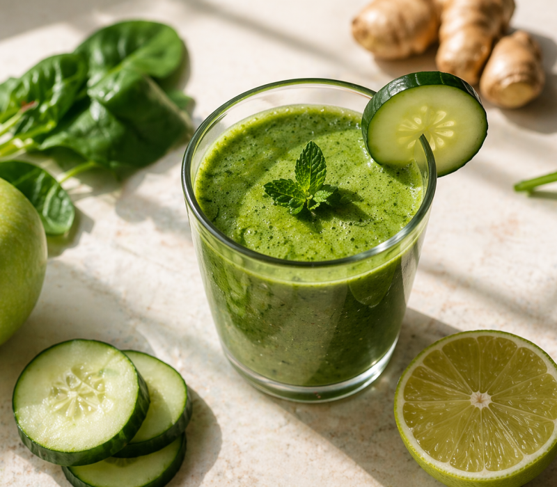 Un vaso de batido verde adornado con una rodaja de pepino y menta, rodeado de hojas frescas de espinacas, una manzana verde, rodajas de pepino, media lima y raíz de jengibre sobre una superficie clara.
