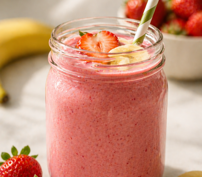 Un tarro de cristal lleno de batido rosa de fresa y plátano, coronado con rodajas de fresa y plátano y una pajita a rayas. Se colocan fresas frescas y rodajas de plátano alrededor del tarro sobre una superficie clara.